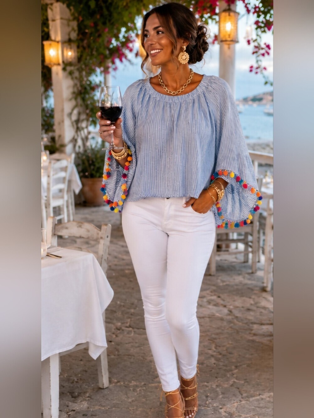 Striped Coastal Boho Beachy Nautical Pom Pom Blue White Oversize Blouse Tunic M